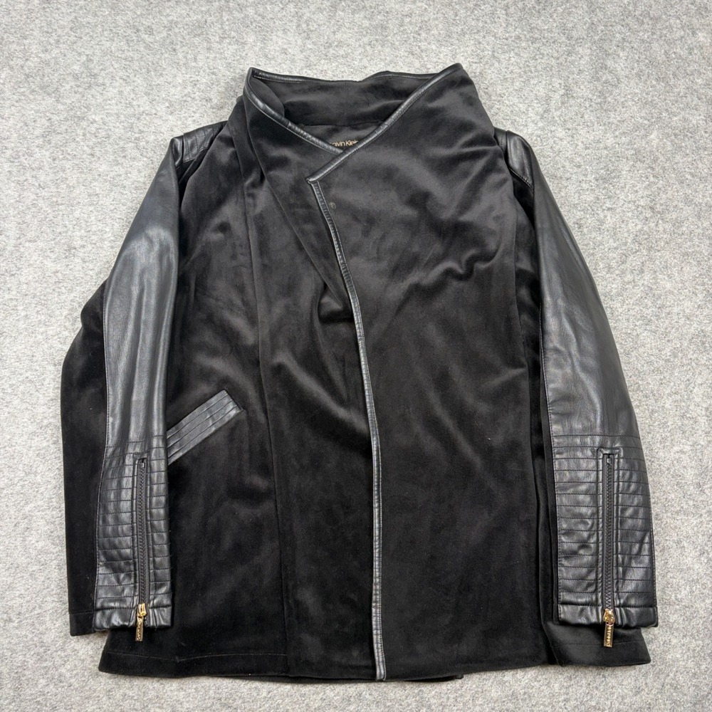 Calvin Klein Moto Jacket Womens S Black Faux Leather Suede Mix Drape Neck Y2K